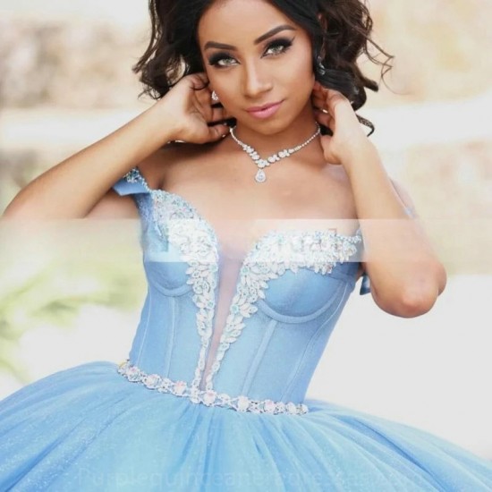 Off The Shoulder Sky Blue Quinceanera Dresses Ball Gowns Appliques Beads Lace Up Princess Sweet 15 16 Birthday Party Prom Dress