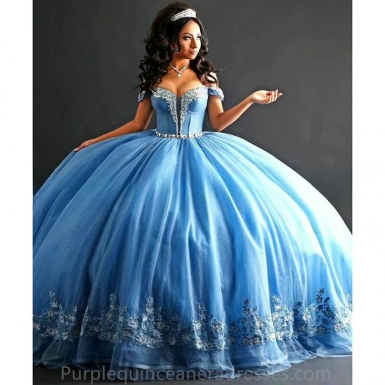 Off The Shoulder Sky Blue Quinceanera Dresses Ball Gowns Appliques Beads Lace Up Princess Sweet 15 16 Birthday Party Prom Dress