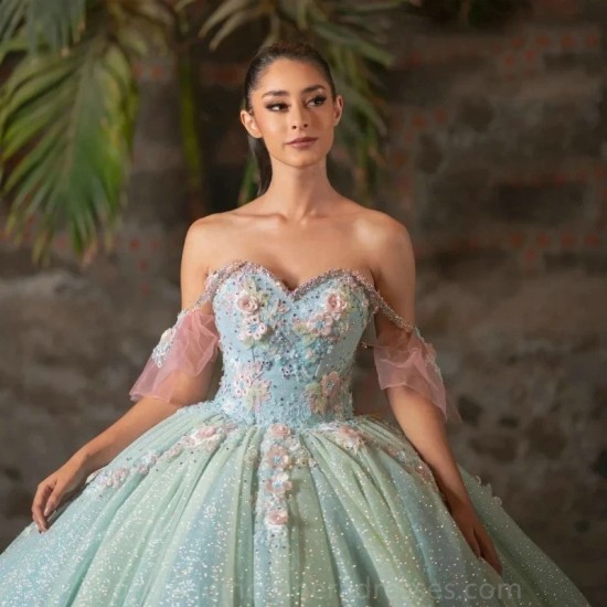 Off The Shoulder Sparkly Mint Green Sweetheart Quinceanera Dresses Ball Gown Princess Dress vestidos 15 de quinceanera