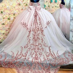 Off The Shoulder Sweet 15 Vestidos De XV Anos Ball Gown Floral Applique Lace Pink Quincenara Dresses With Bow