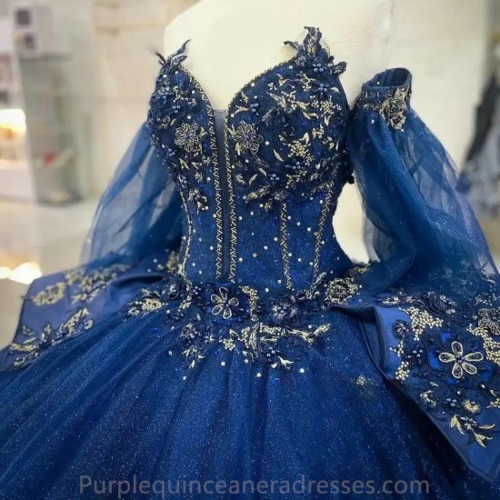 Off The Shouler Navy Blue Ball Gown Quinceanera Dresses Appliques Flower Beaded Party Gowns Vestidos