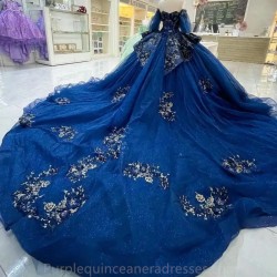 Off The Shouler Navy Blue Ball Gown Quinceanera Dresses Appliques Flower Beaded Party Gowns Vestidos