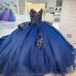 Off The Shouler Navy Blue Ball Gown Quinceanera Dresses Appliques Flower Beaded Party Gowns Vestidos