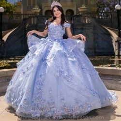 Off the Shoulder Ball Gown Tiered Beaded Appliques Crystal 3D Flower Quinceanera Dress Princess Sweet 16 Vestidos