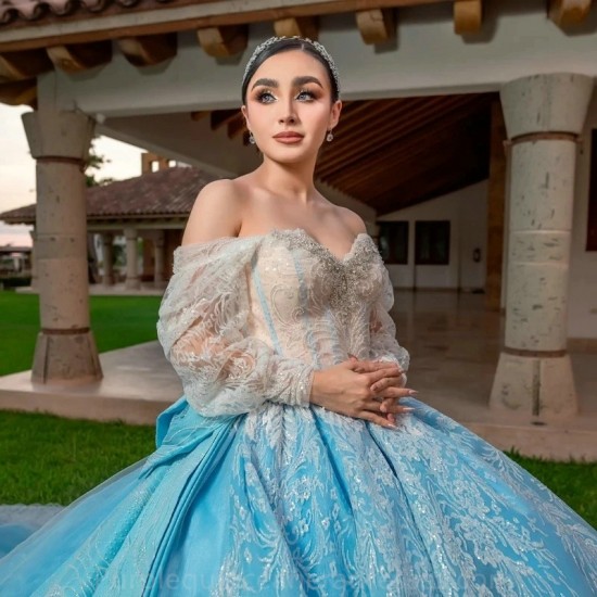 Off the Shoulder Sky Blue Quinceanera Appliques Lace Beads 2024 Ball Gown Floor Length Sweep Train Lace Up Bridal Gown