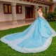 Off the Shoulder Sky Blue Quinceanera Appliques Lace Beads 2024 Ball Gown Floor Length Sweep Train Lace Up Bridal Gown