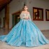 Off the Shoulder Sky Blue Quinceanera Appliques Lace Beads 2024 Ball Gown Floor Length Sweep Train Lace Up Bridal Gown