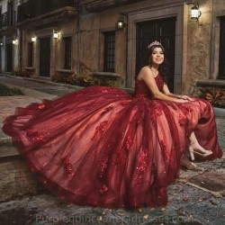 One Shoulder Dark Red Ball Gown Quincenara Dresses Appliques Lace Beading Corset Sweet 16 Vestidos De XV Anos