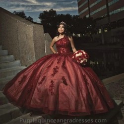 One Shoulder Dark Red Ball Gown Quincenara Dresses Appliques Lace Beading Corset Sweet 16 Vestidos De XV Anos