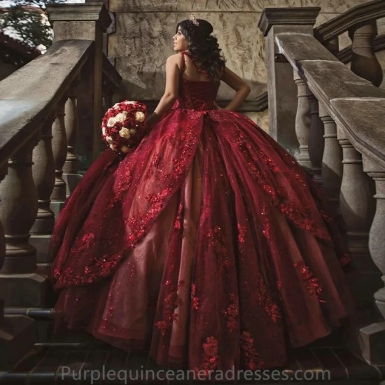 One Shoulder Dark Red Ball Gown Quincenara Dresses Appliques Lace Beading Corset Sweet 16 Vestidos De XV Anos