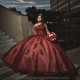 One Shoulder Dark Red Ball Gown Quincenara Dresses Appliques Lace Beading Corset Sweet 16 Vestidos De XV Anos