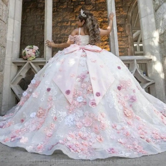 Princess Pink Ball Gown Quinceanera Dress 2024 Flowers Appliques Beads Sweet 16 Dress Corset Vestidos