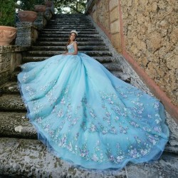 Puffy Aqua Blue Quinceanera Dresses Lace Flower Sweetheart Off The Shoulder Party Dress Beading Ball Gown vestidos de 15