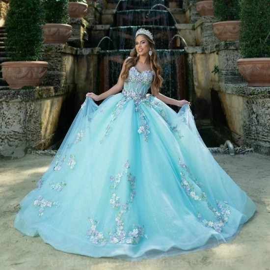 Puffy Aqua Blue Quinceanera Dresses Lace Flower Sweetheart Off The Shoulder Party Dress Beading Ball Gown vestidos de 15