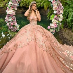 Puffy Blush Quinceanera Dress 2024 Ball Gown Appliques Lace Beading Sequins Skirt Sweet 16 Dress vestidos de 15