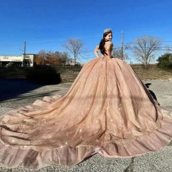 Quinceanera Sweetheart Open Back Sequin Shiny Off The Shoulder Evening Dress 2024 Ball Gown Floor Length Sweep Train Prom Dress