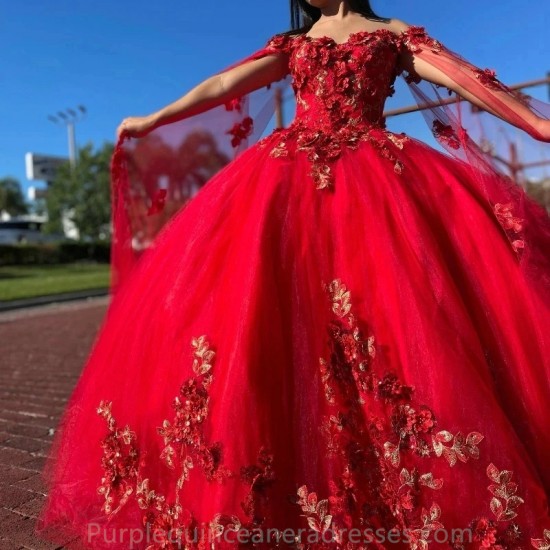 Red Quinceanera Dresses Ball Gown For 16 weet Girl Sequined Appliques Lace Tull With Cape Train Princess Dress Vestidos De 15