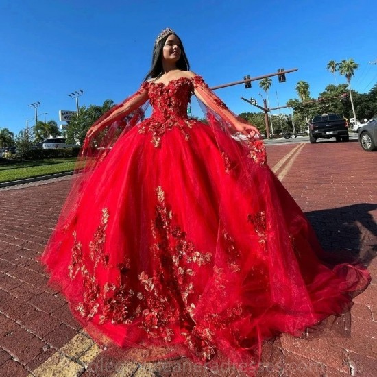 Red Quinceanera Dresses Ball Gown For 16 weet Girl Sequined Appliques Lace Tull With Cape Train Princess Dress Vestidos De 15