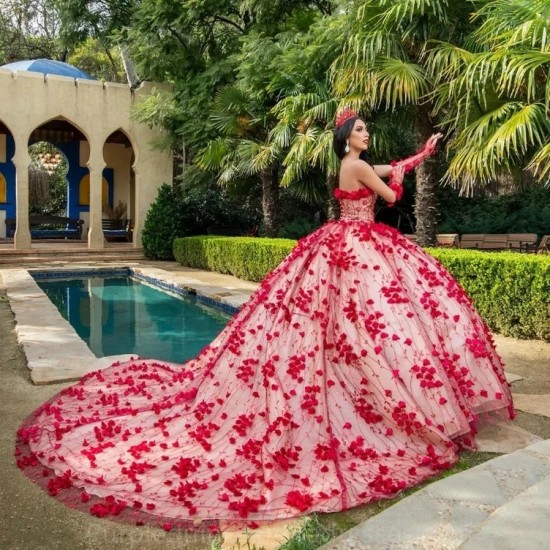 Red Shiny Ball Gown Quinceanera Dress Tulle Appliques Flowers Lace Off Shoulder Sweet 16 Birthday Party Formal vestidos de 15