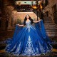 Royal Blue Quinceanera Dress Ball Gown With Cape Applique Beading Crystal Sweet 16 Vestidos De 15 Anos