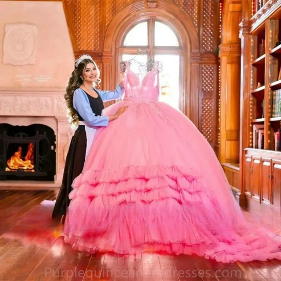 Ruffled Pink Quinceanera Dresses Ball Gown 2024 Beaded Lace Appliques Sweet 16 Dress Vestidos De XV Anos