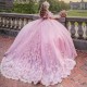 Ruffles Pink Illusion Ball Gown Quinceanera Dress Off Shoulder Appliques Lace Corset Mexican Vestidos De 15 Anos