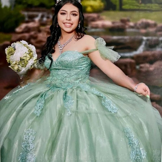 Sequined Green Princess Ball Gowns Quinceanera Dress For Mexican Girls Birthday Prom Dress Appliques Beads 15 16 Vestidos