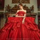 Sequined Red Lace Quinceanera Dresses Dark Red Off Shoulder Appliques Puffy Ruffles Cathedral Train Beads Prom vestido 15