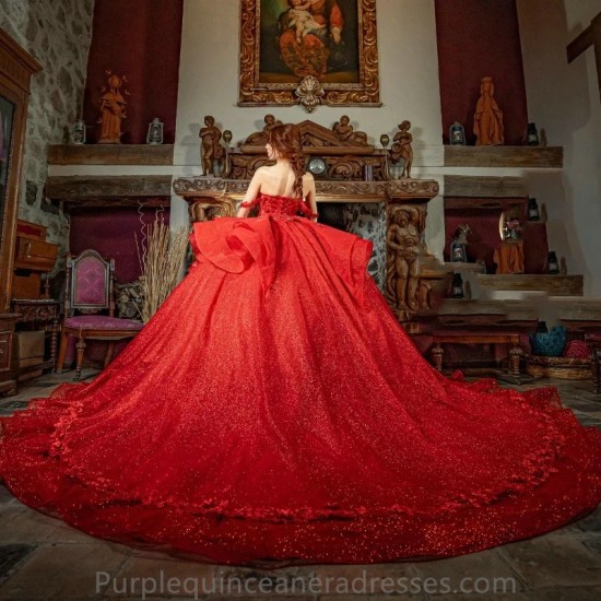 Sequined Red Lace Quinceanera Dresses Dark Red Off Shoulder Appliques Puffy Ruffles Cathedral Train Beads Prom vestido 15