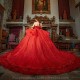 Sequined Red Lace Quinceanera Dresses Dark Red Off Shoulder Appliques Puffy Ruffles Cathedral Train Beads Prom vestido 15