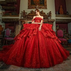 Sequined Red Lace Quinceanera Dresses Dark Red Off Shoulder Appliques Puffy Ruffles Cathedral Train Beads Prom vestido 15