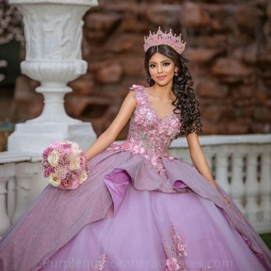 Sequins Lilac Ball Gown Quinceanera Dress Tulle Gold Appliques Flowers Beads Off Shoulder Sweet 15 16 Birthday Party Formal