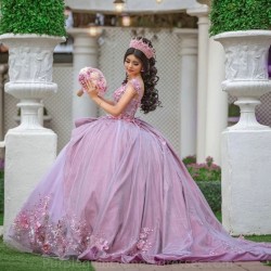 Sequins Lilac Ball Gown Quinceanera Dress Tulle Gold Appliques Flowers Beads Off Shoulder Sweet 15 16 Birthday Party Formal