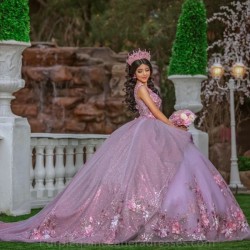 Sequins Lilac Ball Gown Quinceanera Dress Tulle Gold Appliques Flowers Beads Off Shoulder Sweet 15 16 Birthday Party Formal