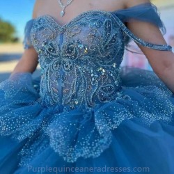 Shiny Dark Blue Quinceanera Dress Ball Gown Crystal Beading Tiered Ruffles Corset Sweet 16 Vestidos De 15 Anos