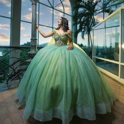 Crystals Sage Green Ball Gown Quinceanera Dress With Cape 3D Floral Appliques Sweet 16 Vestidos De 15 Anos