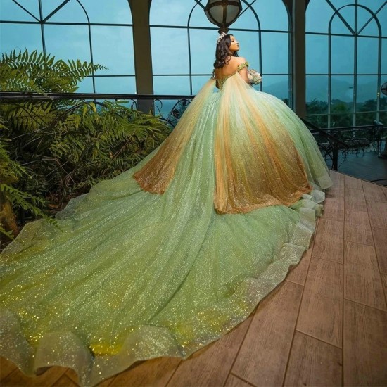 Crystals Sage Green Ball Gown Quinceanera Dress With Cape 3D Floral Appliques Sweet 16 Vestidos De 15 Anos