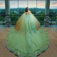 Crystals Sage Green Ball Gown Quinceanera Dress With Cape 3D Floral Appliques Sweet 16 Vestidos De 15 Anos