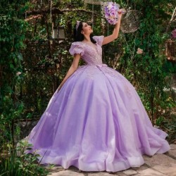 Short Sleeves Lilac Quinceanera Dress Ball Gown Princess Party Dresses for Birthday Scoop Sparkling Tulle Sweet 15 Year Gowns