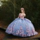 Sky Blue Floral Lace Quinceanera Dresses Ball Gown Beading 3D Flowers Mexican Vestidos De 15 Anos Sweet 16 Pageant Dress