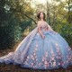 Sky Blue Floral Lace Quinceanera Dresses Ball Gown Beading 3D Flowers Mexican Vestidos De 15 Anos Sweet 16 Pageant Dress