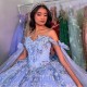 Sky Blue Quinceanera Dresses Sleeveless Crystal Sequined Ball Gown Off The Shoulder 3D Flowers Corset Vestidos Para XV Anos