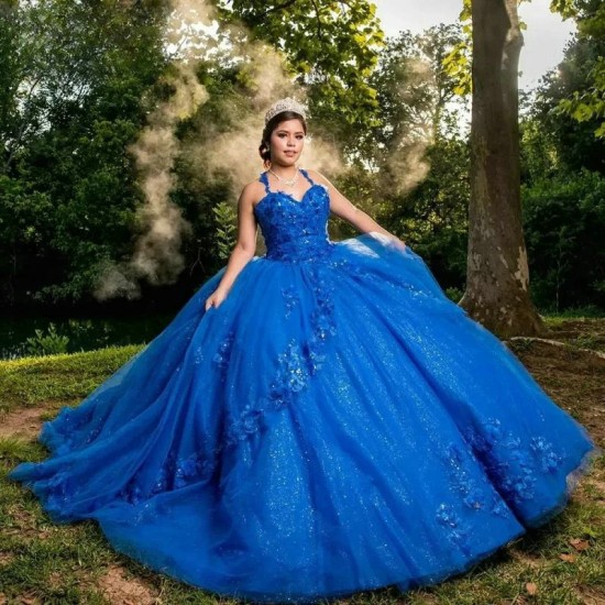 Spaghetti Strap Blue 3D Flowers Appliques Lace Shiny Ball Gown Quinceanera Dresses Corset Vestidos De 15 Anos