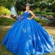 Spaghetti Strap Blue 3D Flowers Appliques Lace Shiny Ball Gown Quinceanera Dresses Corset Vestidos De 15 Anos