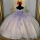 Spaghetti Strap Lilac Crystal Ball Gown Quinceanera Dresses With Cape Illusion Sequined Appliques Corset Vestidos De 15 Anos