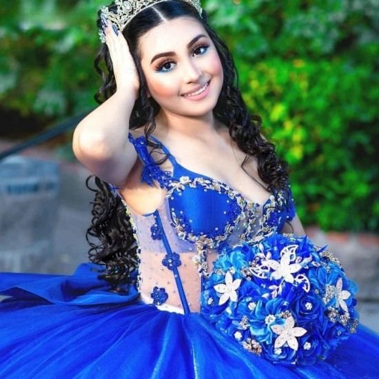 Spaghetti Strap Royal Blue Crystal Beading Bow Ball Gown Quinceanera Dresses Appliques Lace Corset Vestidos De 15 Anos