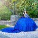 Spaghetti Strap Royal Blue Crystal Beading Bow Ball Gown Quinceanera Dresses Appliques Lace Corset Vestidos De 15 Anos