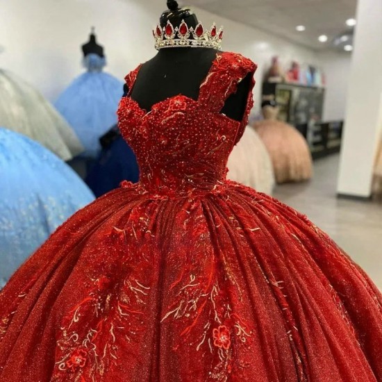 Sparkly Beading Red Ball Gown Quinceanera Dresses 2024 Lace Appliques Beaded Sweet 16 Dress Off The Shoulder Birthday Dress