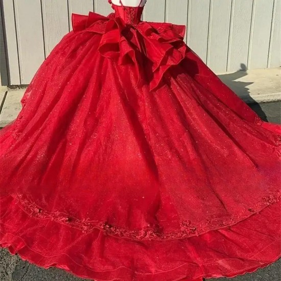 Sparkly Red Princess Quinceanera Dresses Floral Applique Corset 2024 Prom Lace Up vestidos de 15 quinceanera