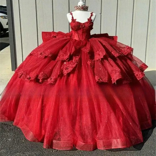 Sparkly Red Princess Quinceanera Dresses Floral Applique Corset 2024 Prom Lace Up vestidos de 15 quinceanera